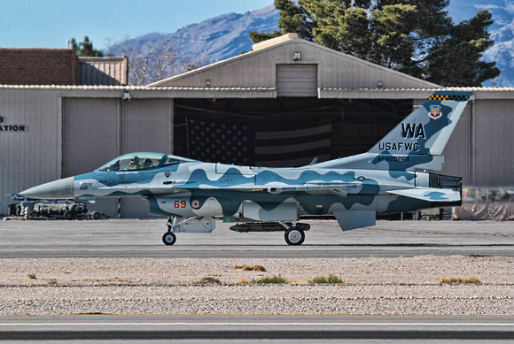 "Las Vegas" Nevada "Red Flag" 13-3 Nellis AFB "Air Force" military exercise jet plane attack aircraft aviation plane USAF 86-0269 blizzard camouflage 64th Aggressor Squadron American Flag hangar Gener